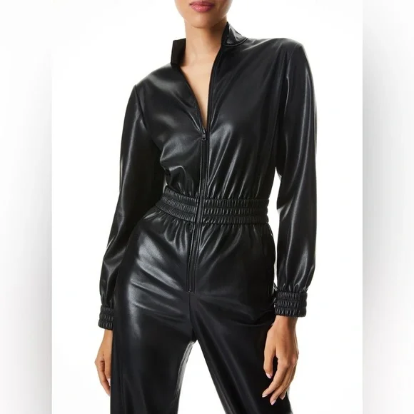 Alice + Olivia | NWOT Black Levi Vegan Leather Jumpsuit - Size US 2 - Picture 3 of 11